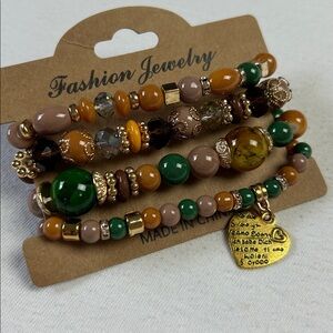 Beaded Charm Bracelet Set of 4, beaded charms in green and tan/brown shades NEW